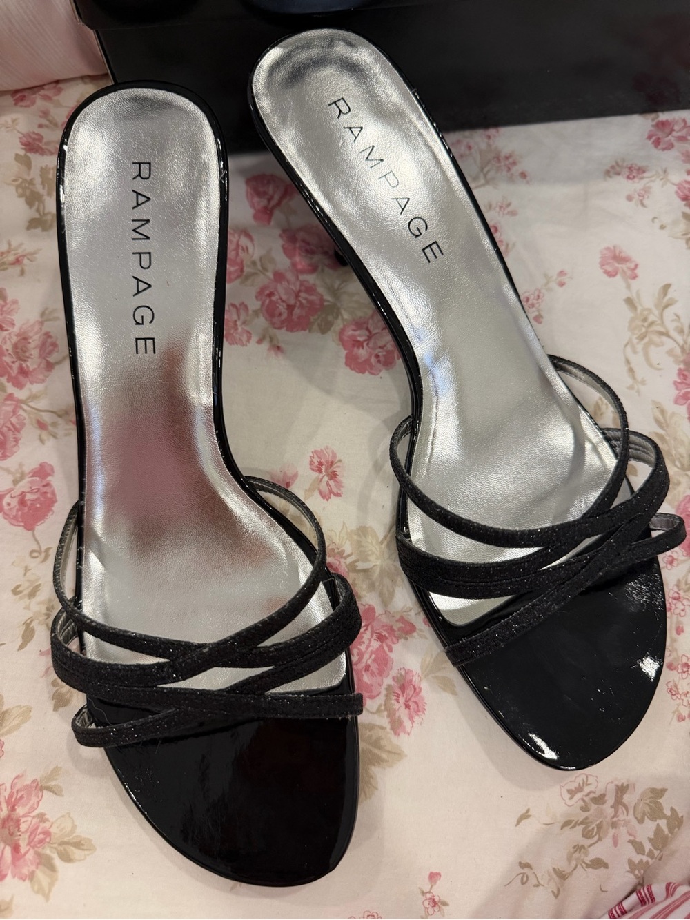 Y2K Rampage Black Patent Strappy Slide Heels with Silver Insole